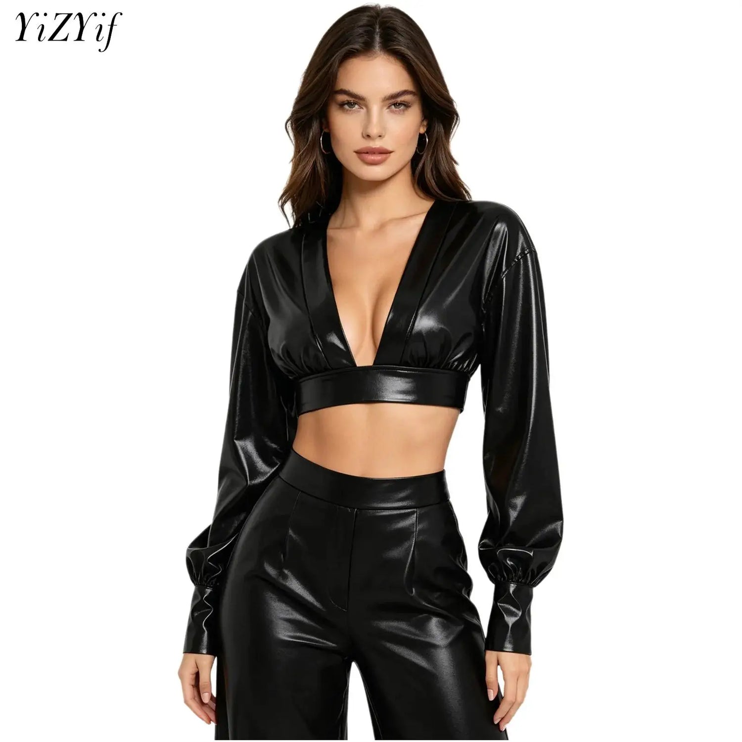 Womens Y2K Metallic Shiny Hip Hop Crop Top Deep V Neck Balloon Long Sleeve Button Cuffs Blouses Tops Disco Party Rock Clubwear