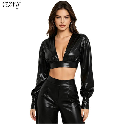 Womens Y2K Metallic Shiny Hip Hop Crop Top Deep V Neck Balloon Long Sleeve Button Cuffs Blouses Tops Disco Party Rock Clubwear