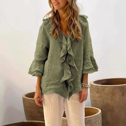Autumn Women's Clothing Solid Color V Neck Ruffle Trim Button Front Loose Fit Long Sleeve Top For Woman Polyester Casual Blouse