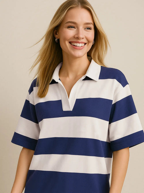 Oh Pima Cotton Wash Color Block Johnny Collar Half Sleeve Top