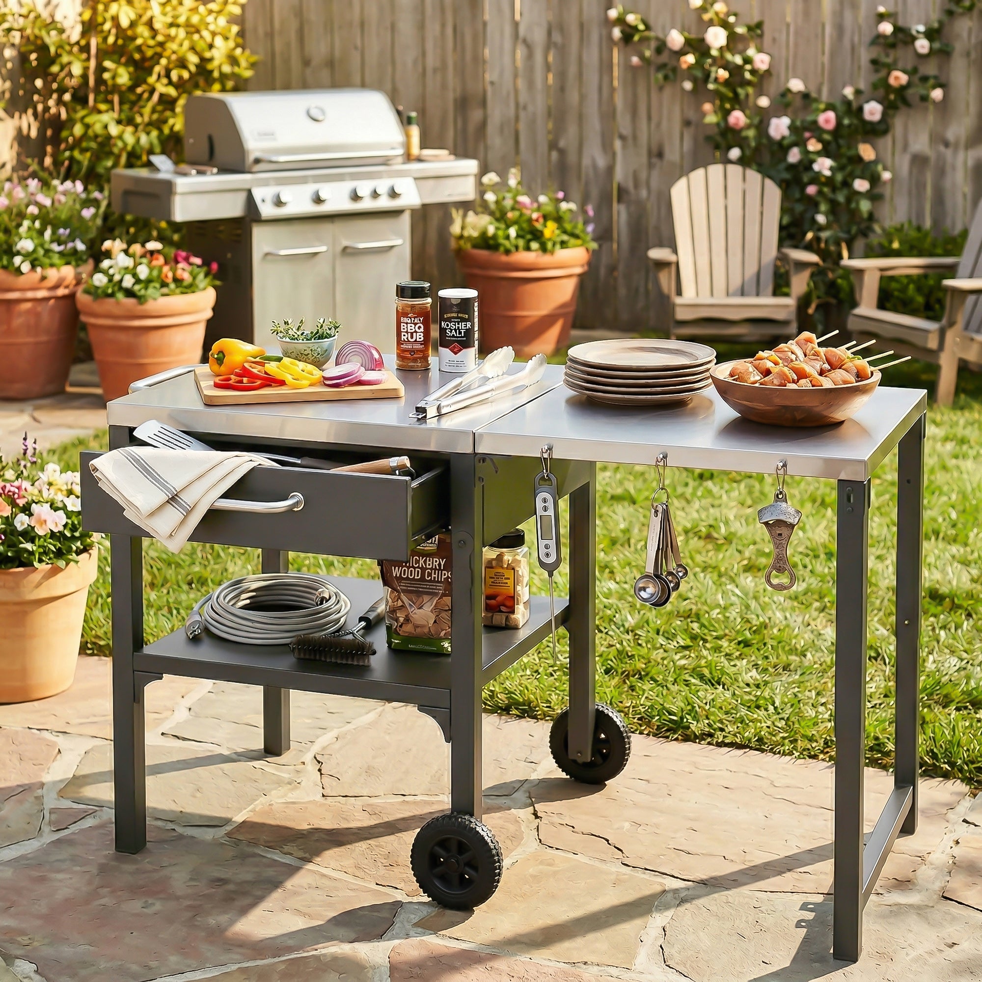 Outdoor Kitchen Cart Foldable Outdoor Prep Station Portable BBQ Cart