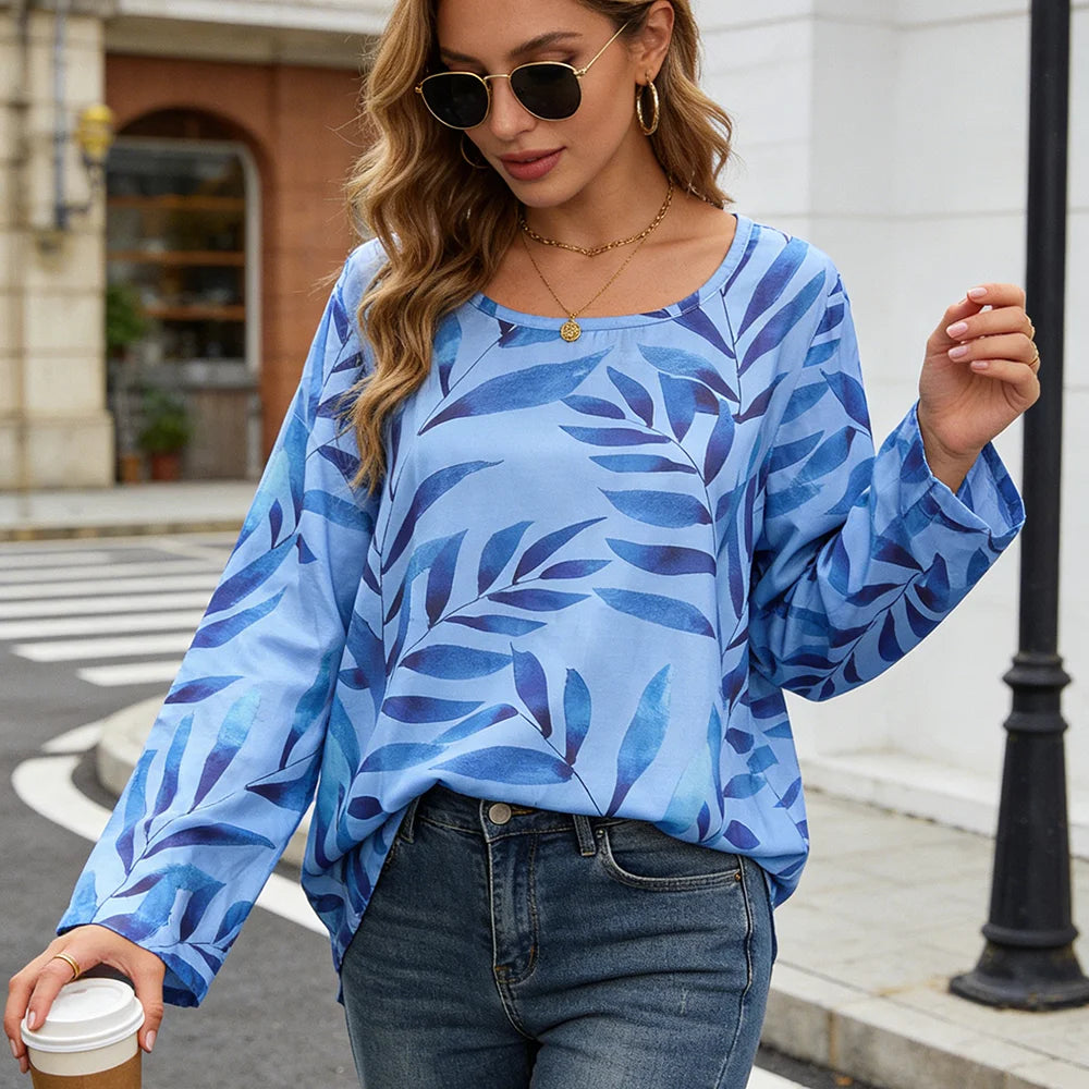 Women's Light Blue Leaf Print Long Sleeve Blouse – Casual & Breathable for Everyday Wear