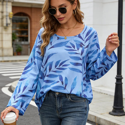 Women's Light Blue Leaf Print Long Sleeve Blouse – Casual & Breathable for Everyday Wear