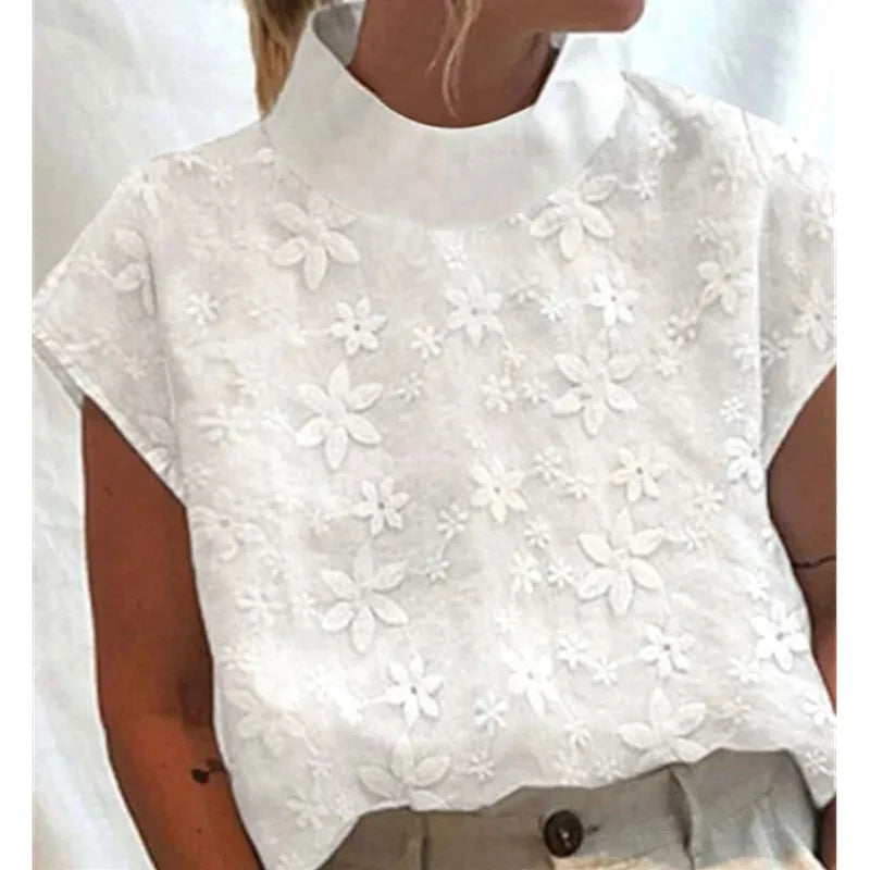 Women's Cotton Linen Pullover Shirt, Elegant Lace Trim Slim Fit Stand Collar Top for Summer Streetwear