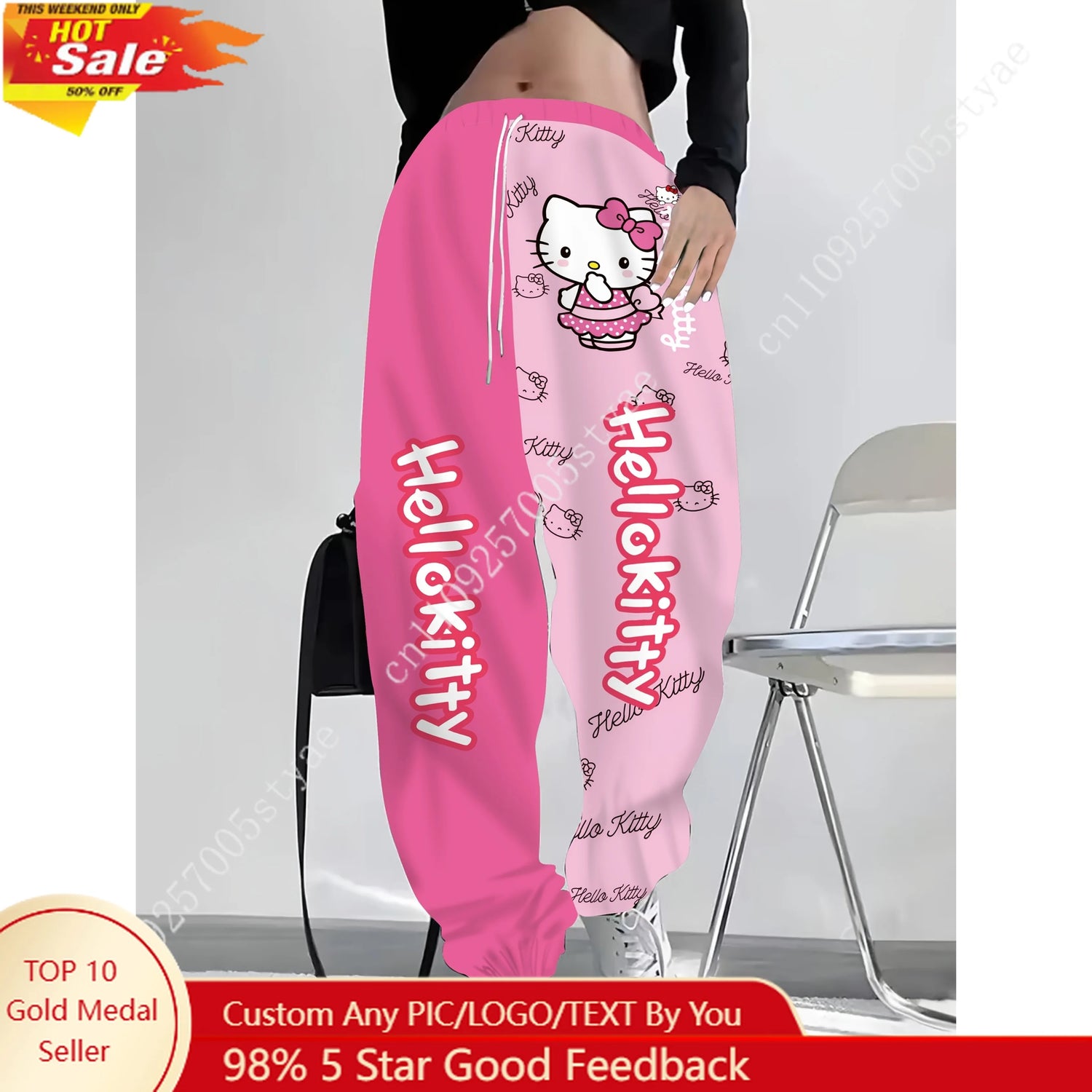 Hot Pink Light Pink Split‑Color Hello Kitty Long Pants Cartoon Polka‑Dot Bow Print Trousers for Lady