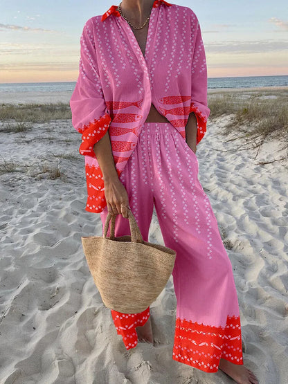 Funny Printed Loose Two Piece Set Women Tropical Beach Holiday Outfits 2024 Casual Lapel Button Shirt Wide Leg Pants Sets
