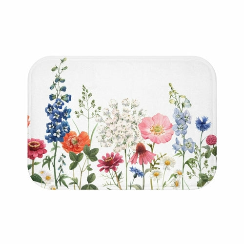 Yellow Pandora spring floral garden bath mat with colorful flower design, soft bathroom decor rug for comfort and style.