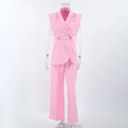 Pink Waistcoat Pants Suit Women Lapel Two Buttons Sleeveless Vest Blazer Wide Leg Pants Set 2025 New Lady Office Outfits Suit