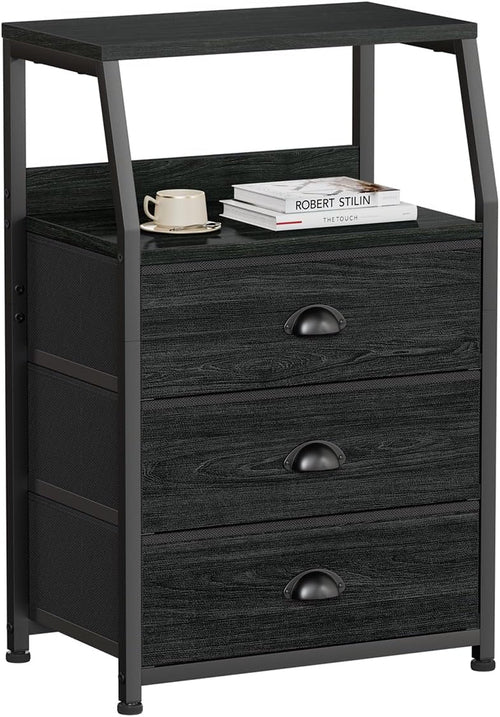 Black Night Stand With 3 Fabric Drawers And 2 Tier Shelf