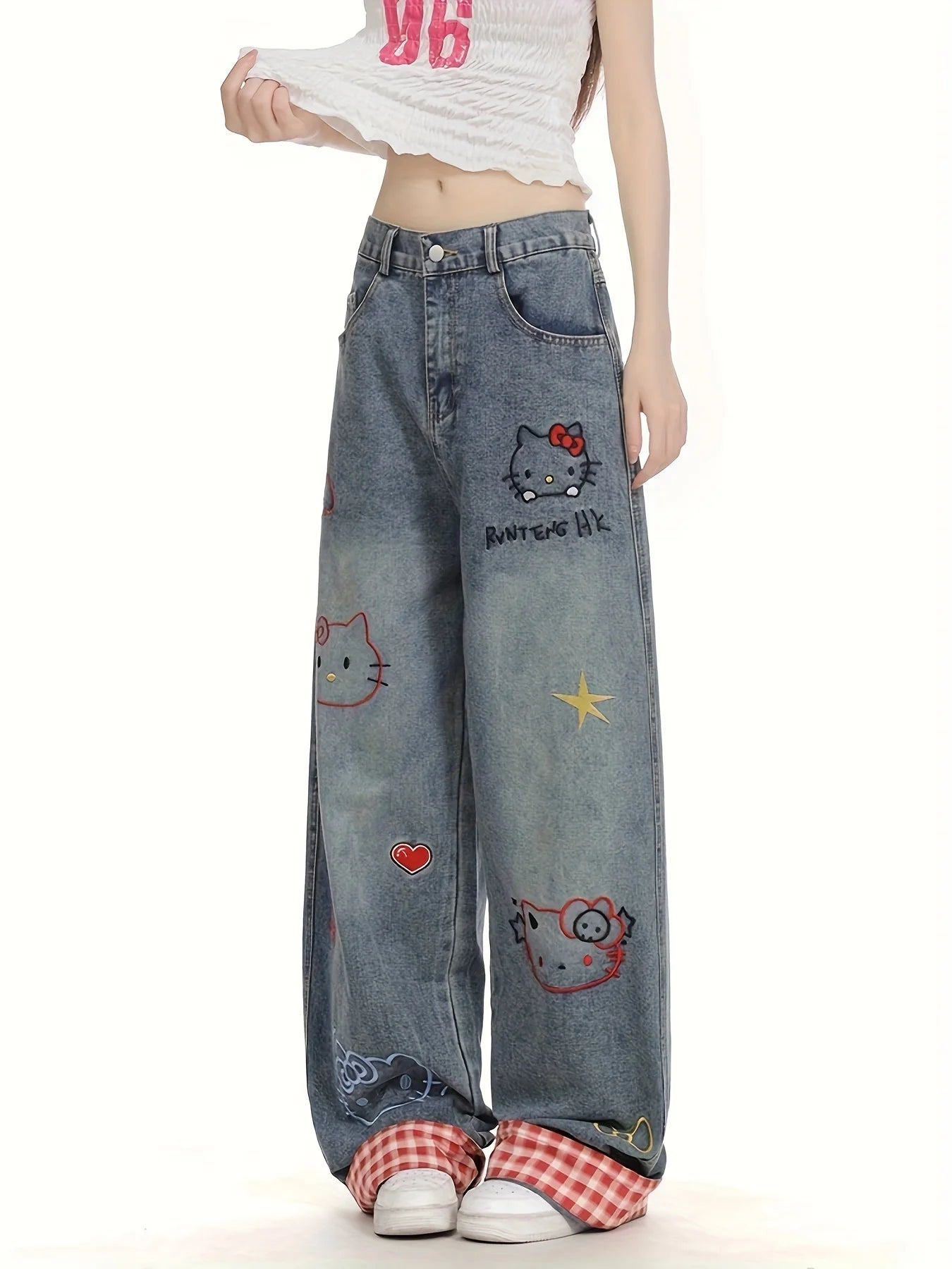 Hello Kitty Jeans Women's Wide Leg Jeans Casual High Waist Baggy Jeans Streetwear Preppy Clothes Pants