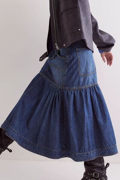 MUNSIEUR Bohemian Denim Midi Skirt - Luxury Flowy Skirt with Pockets