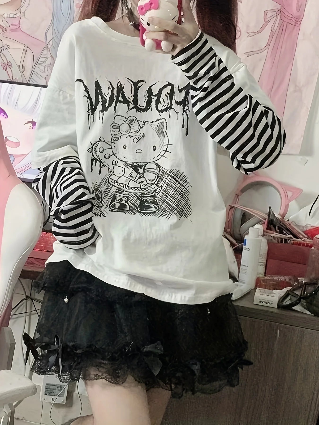 1pc Tops Sanrio Hello Kitty Japanese Sweet Cool T-Shirt Women New Loose False Two Pieces Long Sleeve Kitty Tops Women