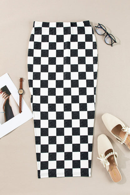 Byzantium Bay checker side slit high waist midi skirt worn by a woman, showcasing its stylish pattern and flowy design.