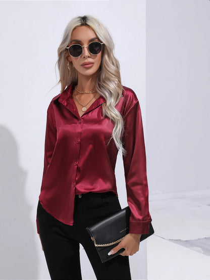 2025 Spring Summer Satin Shirt for Women, V-Neck Long Sleeve Silk Blouse Loose Office Shirt in Black White