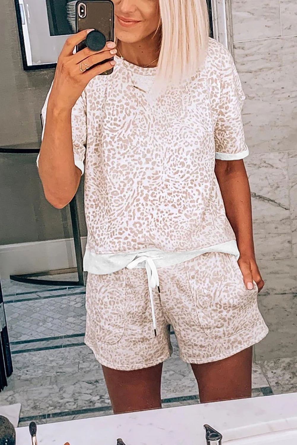 Leopard Print Tee and Drawstring Pocketed Shorts Lounge Set