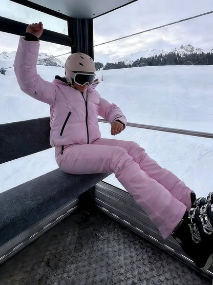 Winter Pink Thicken Warm Women's Skiwear Fashoin Hooded Cotton Padded Jacket Coats + Long Straight Pants 2026 New Women Ski Suit
