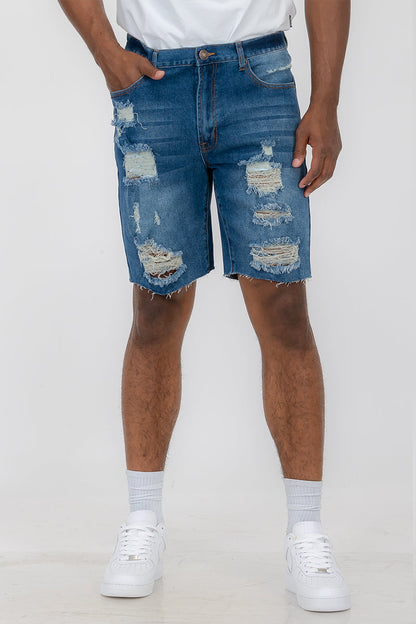 Blue washed distressed denim shorts for men by Lime Milo, featuring a casual fit and frayed hems.
