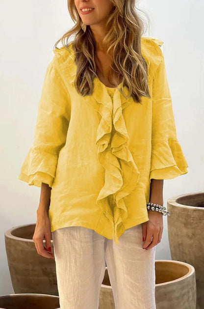 Autumn Women's Clothing Solid Color V Neck Ruffle Trim Button Front Loose Fit Long Sleeve Top For Woman Polyester Casual Blouse