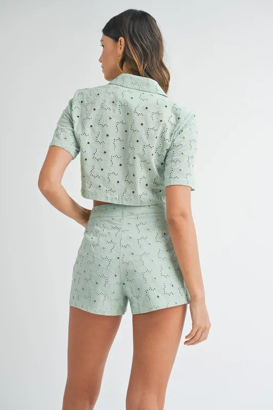 MABLE Eyelet Short Sleeve Crop Top and Shorts Set