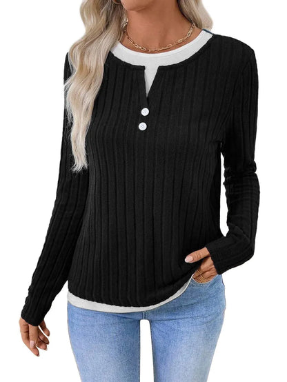 Women' Shirt Longsleeve Round Neck Women T Shirts Ribbed Burgundy Long Sleeve T Shirt Mock Two Piece Black Knit Top