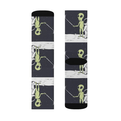 Yellow Pandora Funny Alien Selfie Socks featuring colorful alien selfies and playful designs for fun, casual wear.