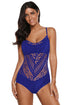 Blue crochet lace halter straps one-piece swimsuit for women, featuring intricate lace design and supportive halter neckline.