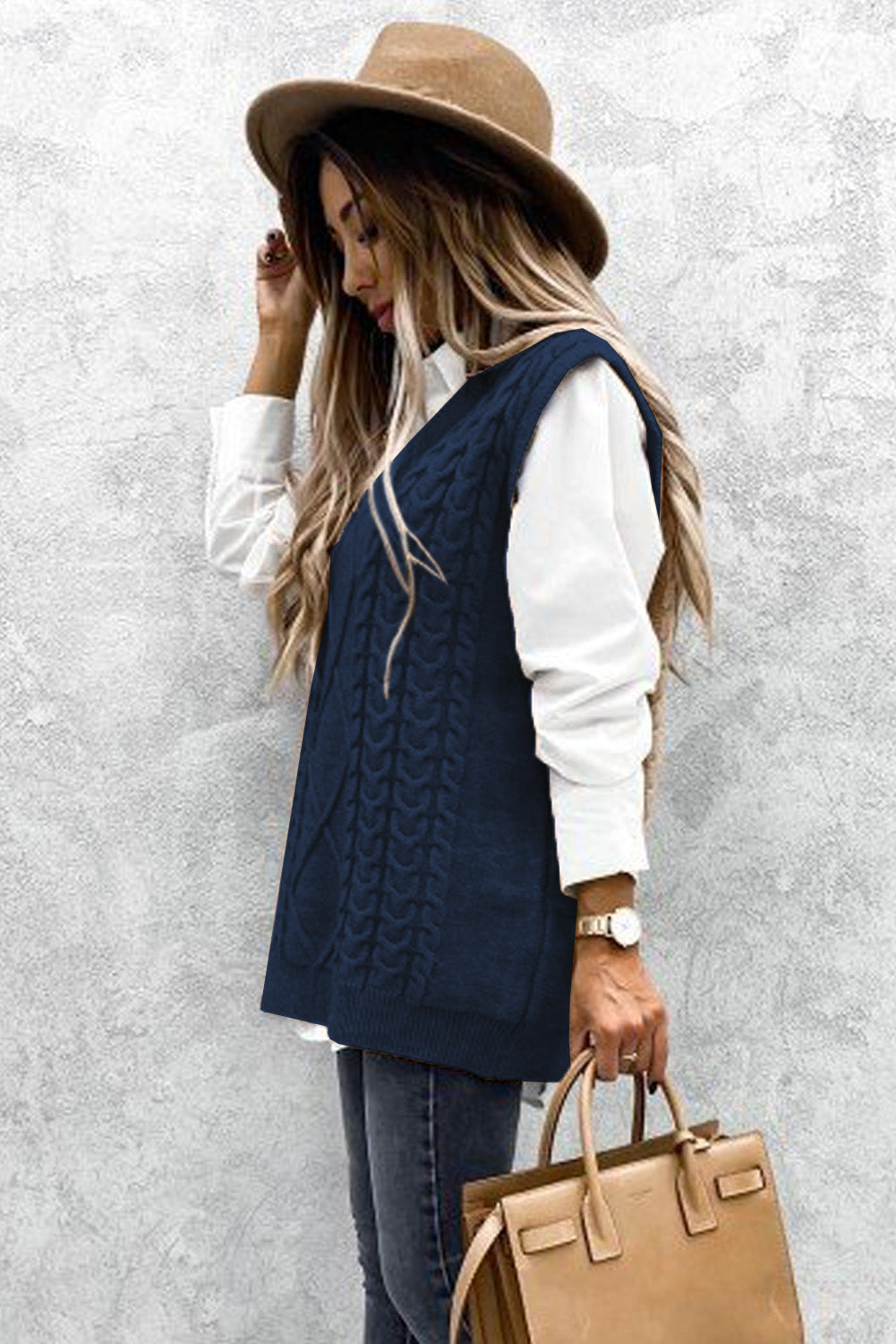 Blue Sleeveless Cable Knitted Sweater Tank