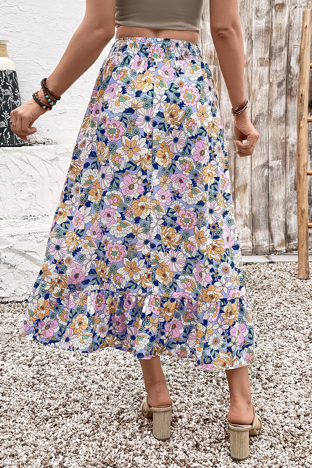Floral Lace Up High Waist Ruffle Maxi Skirt