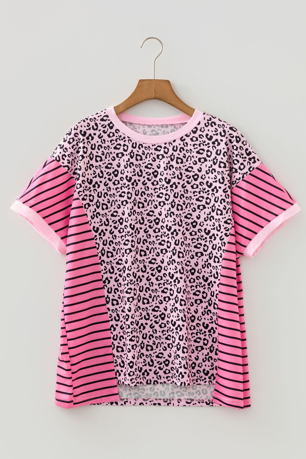 Plus Size Leopard Stripe Contrast Patchwork Tee