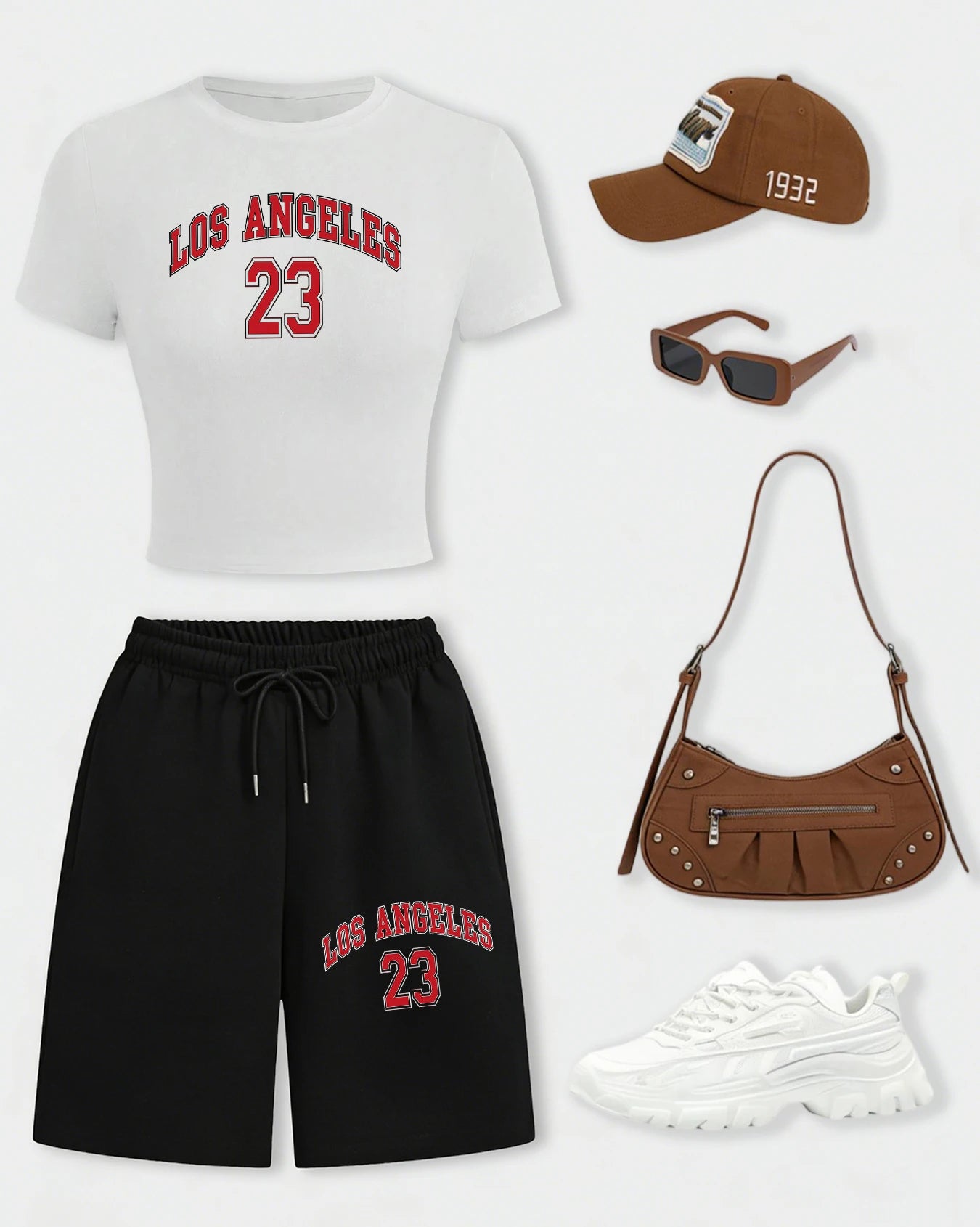 Los Angeles 24 Creative Letter Print T-Shirt Set Women Summer Cotton Crop T Shirt Wide-Leg Shorts Drawstring Pocket Gym Pant