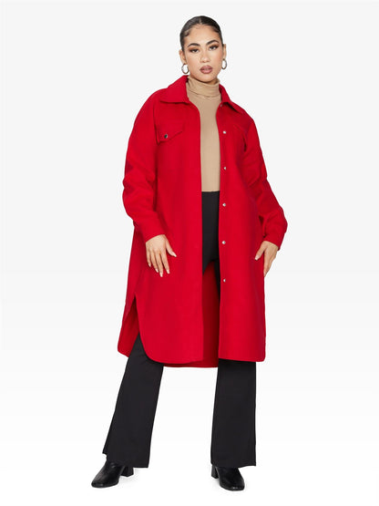 Oversized longline shacket by Rose Eleusis, featuring a relaxed fit, button-front, and collar, perfect for layered fall outfits.