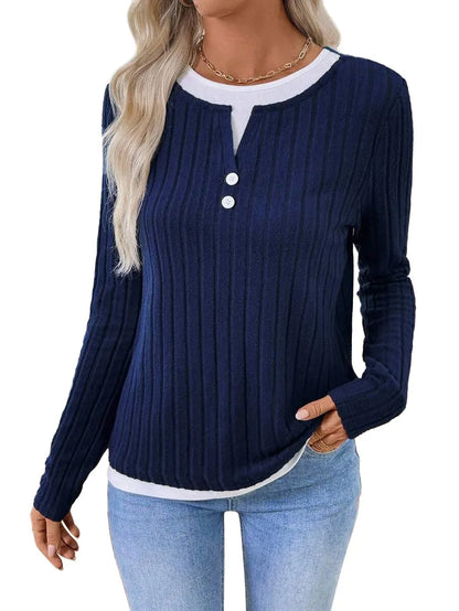 Women' Shirt Longsleeve Round Neck Women T Shirts Ribbed Burgundy Long Sleeve T Shirt Mock Two Piece Black Knit Top
