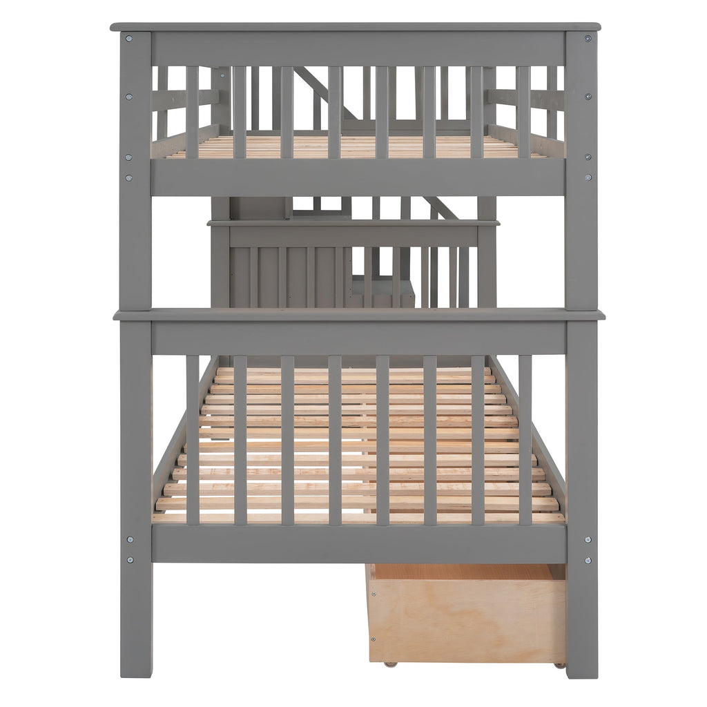 Stairway Twin-Over-Twin Bunk Bed with Three Drawers for Bedroom, Dorm