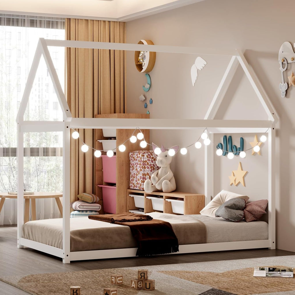 Twin House Bed Frame With Roof Canopy Montessori For Kids