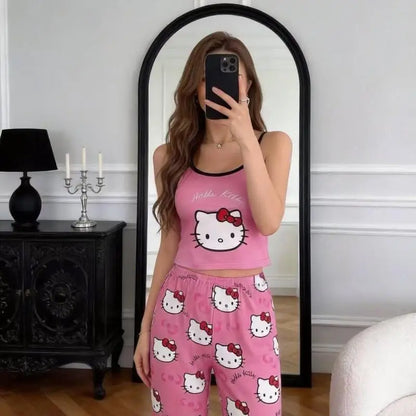 2026 Hot Style Hello Kitty Summer New Women's Black Suspender Pajama Set Comfortable Cartoon Two-Piece Home Clothes Casual Sexy