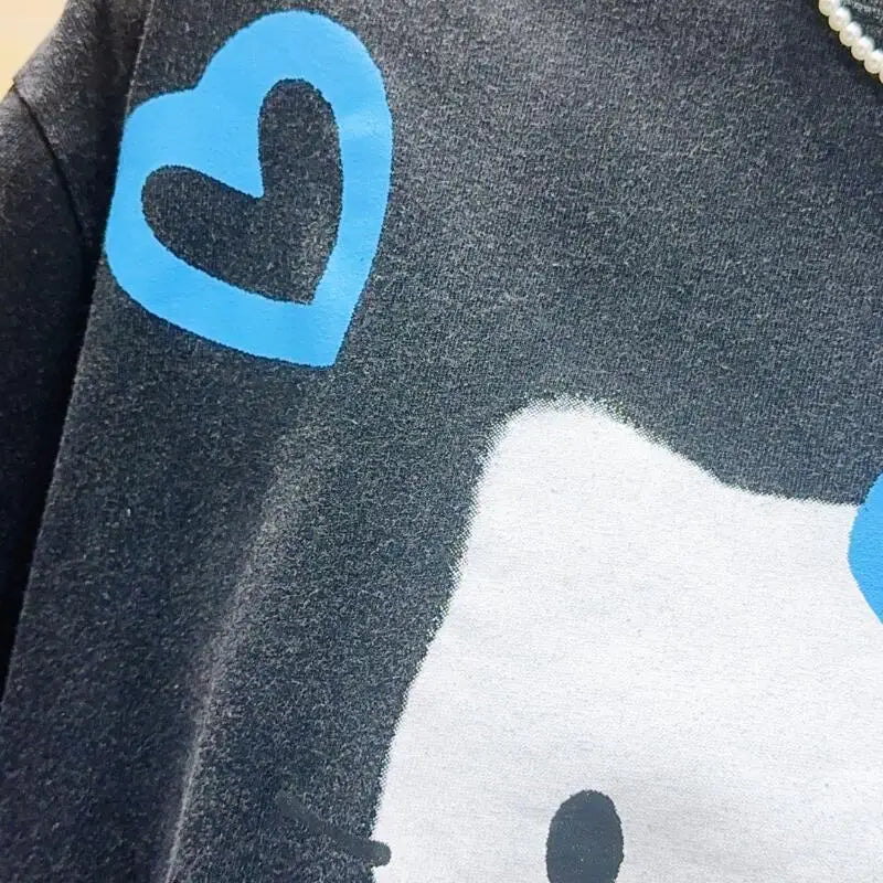 Hello Kitty High-Quality New Short-Sleeved Cotton Retro Age-Reducing Tops Cartoon Loose T-Shirt Street Fashion Hot-Selling Gifts