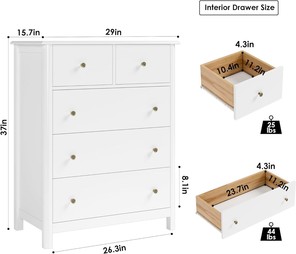 White Five Drawer Dresser For Bedroom Organization