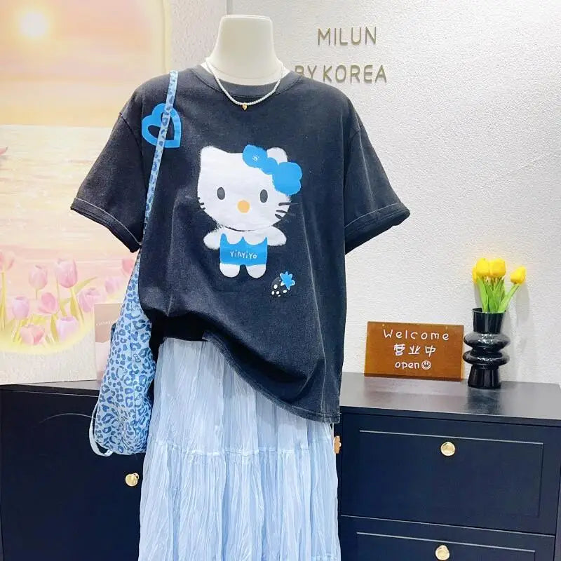 Hello Kitty High-Quality New Short-Sleeved Cotton Retro Age-Reducing Tops Cartoon Loose T-Shirt Street Fashion Hot-Selling Gifts