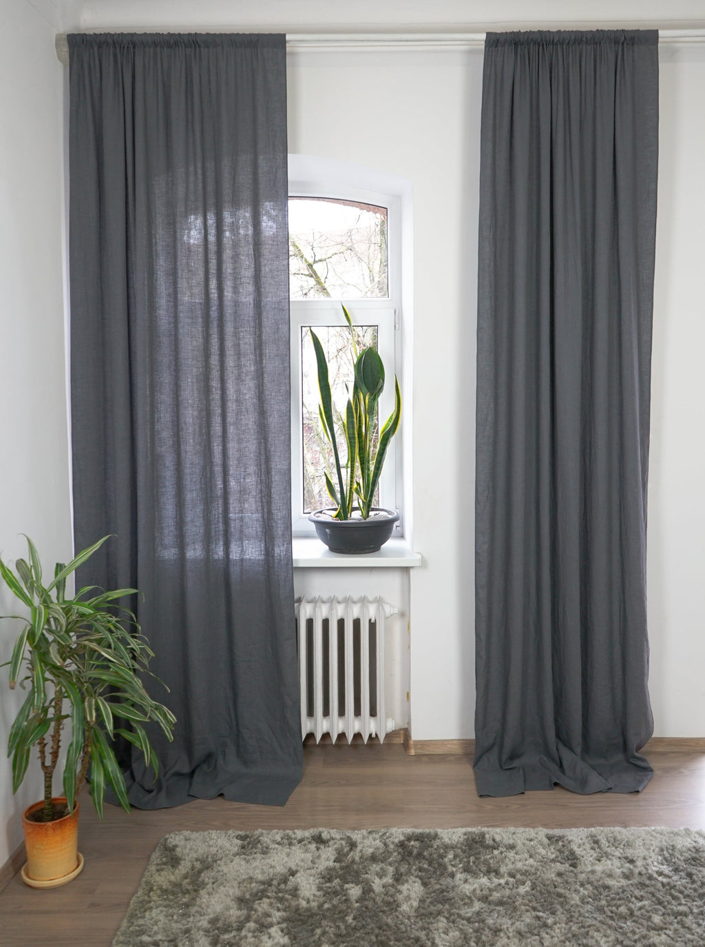 Grey linen curtain with rod pocket