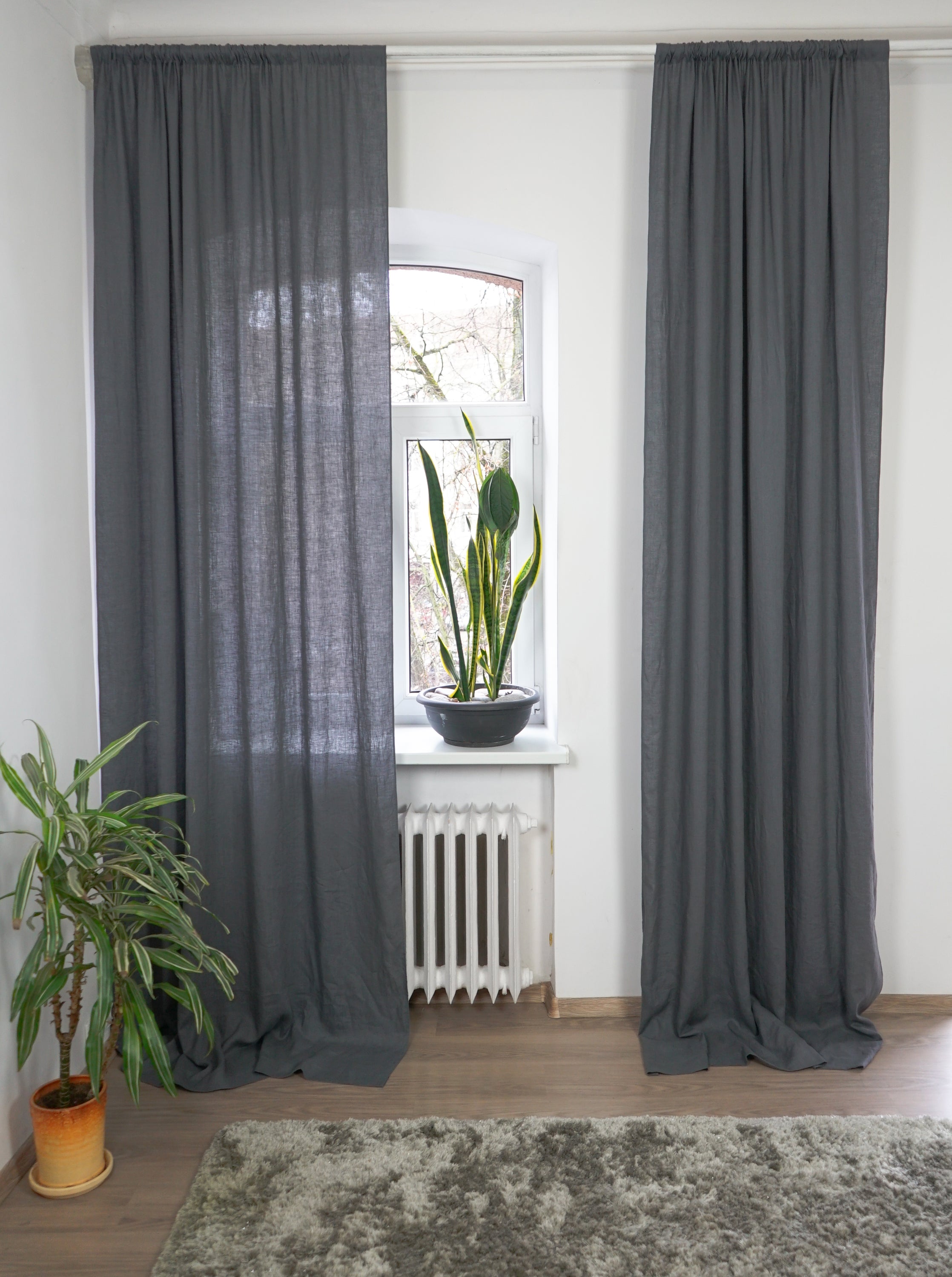 Grey linen curtain with rod pocket