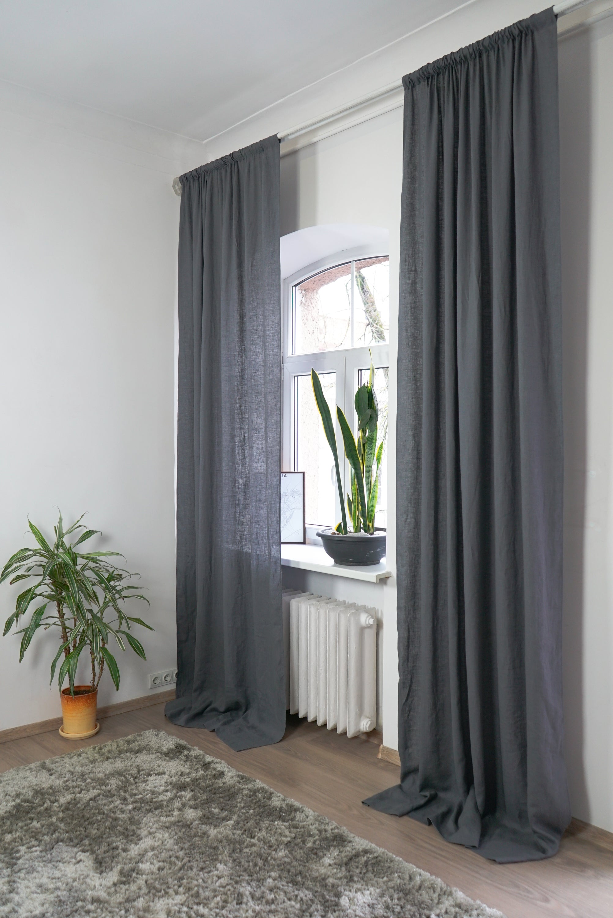 Grey linen curtain with rod pocket