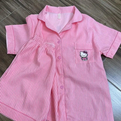 Hello Kitty Short-Sleeved Embroidered Popular Cartoon Pajamas for Women In Summer Sweet Loose Comfortable Breathable Home Wear