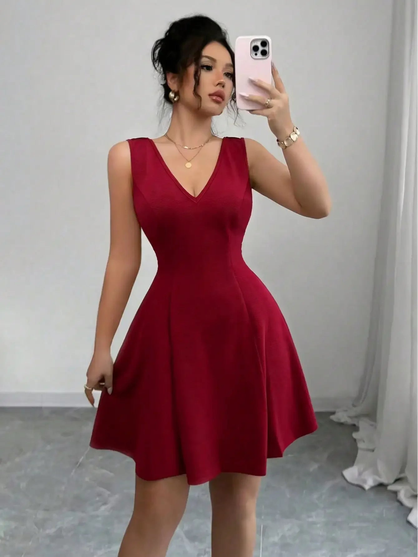 New Elegant Sexy V-Neck Backless Fitted Dress With Bowknot Waist, Burgundy Color, Luxury European Style, Suitable For In