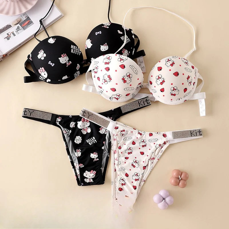 Hello Kitty New Cartoon Strapless Strap-On Bra and Panties Set Low-Waisted T-Pants Rhinestone Letter Panties Cute Sweet Gift