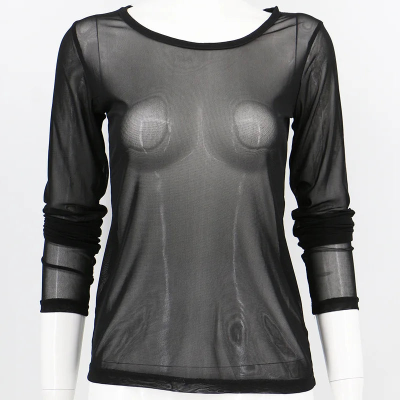 Women's Sheer Mesh Long Sleeve Top, See Through Y2K Gothic Layering Blouse, Sexy Transparent Slim Fit Top