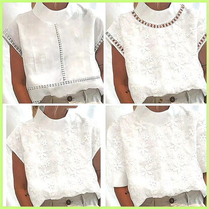 Women's Cotton Linen Pullover Shirt, Elegant Lace Trim Slim Fit Stand Collar Top for Summer Streetwear