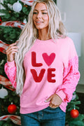 Pink Valentines LOVE Chenille Embroidered Sequin Sleeve Sweatshirt
