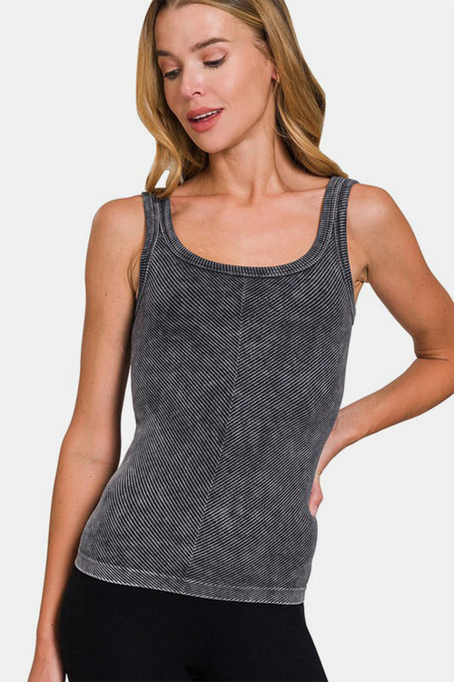 Automotive Jade Icarus Zenana Ribbed Scoop Neck Tank with sleek design and ribbed fabric, shown in close-up detail.