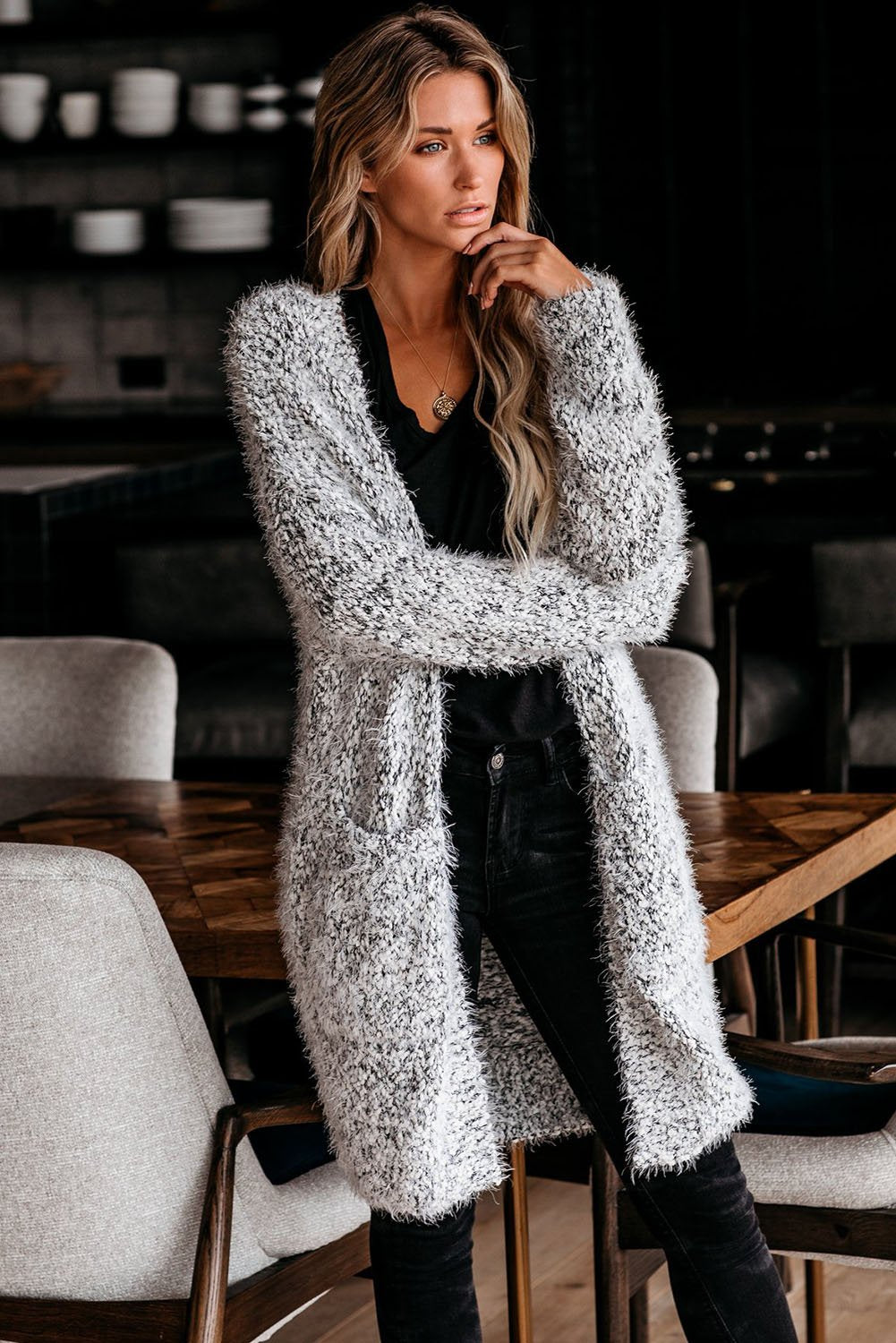 Fuzzy Knit Cardigan with Pockets
