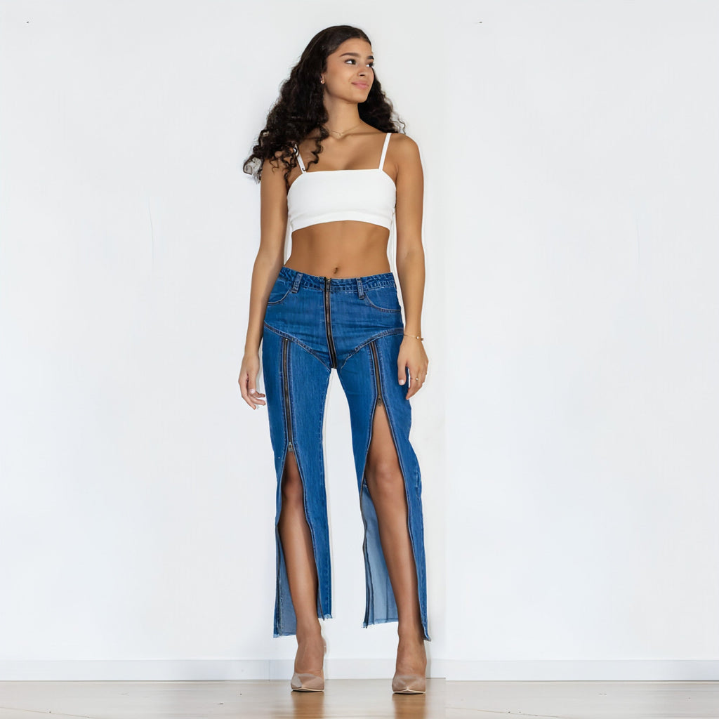 UrbanEase™ Women Zipper Jeans Women Unique Dark Blue Denim